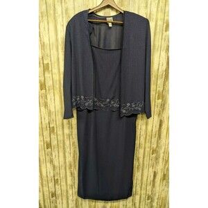 R&M Richards Special Occasion Dress Navy Embroidered Sparkle Beaded 2 Pc Size 14